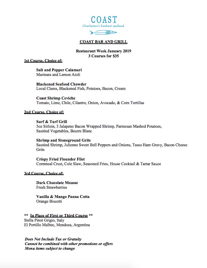 Coast bar and grill restaurant week january 2019 menu