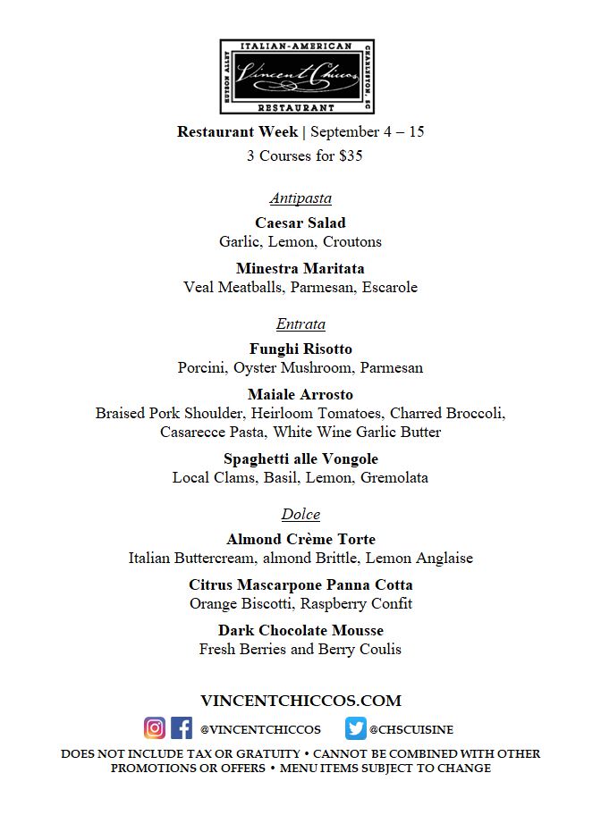 Vincent Chicco's Charleston Restaurant Week Fall 2019 Menu